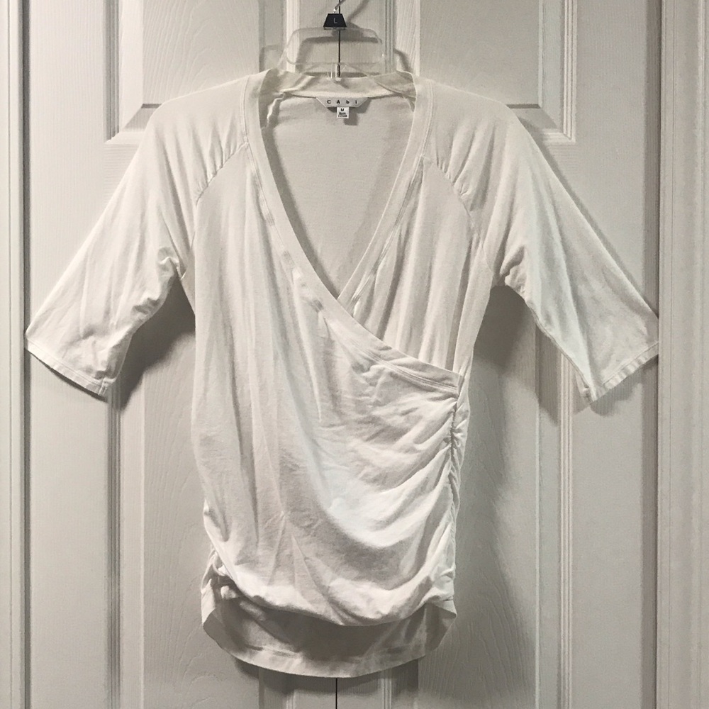 CAbi Draped White 3/4 Sleeve Ruched Top